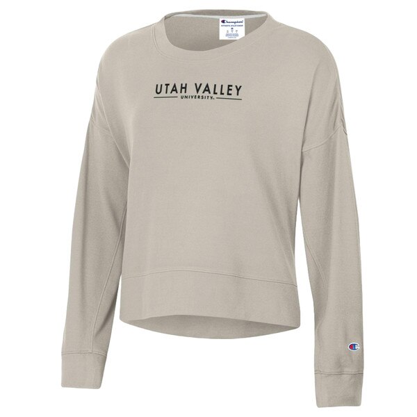 Women's Fit Super soft tan Champion crew with embroidered Utah Valley University on the front and a short slit on either side at the bottom